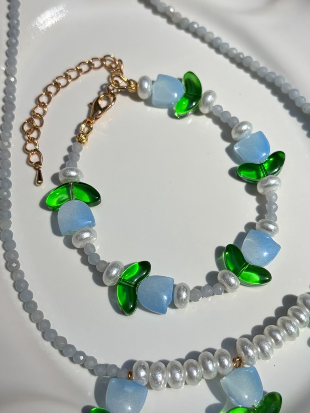 B6 Handmade Angelite Gemstone Beaded Bracelet with Blue Flowers and Pearls
